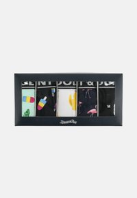 Cinq paires de chaussettes dans une boîte noire. Présentent des motifs vifs : glaces, flamants roses et diverses couleurs. Matière en coton, taille moyenne.
