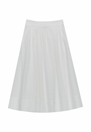 Valkoinen midi-hame, jossa on jännittävä kuvio pienten kohotettujen pisteiden kanssa, joustava vyötärö ja sileä helma. Valmistettu kevyestä materiaalista.