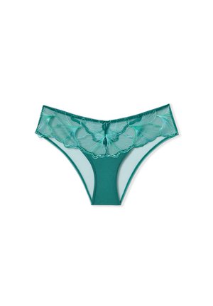 Türkiser Netz-Tanga mit Blumen-Spitze am Taillenbund, gefertigt aus halbtransparentem Stoff und einer glatten, einfarbigen Rückseite.
