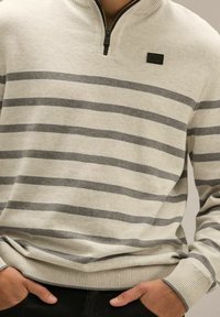 Długi sweter w jasnoszarym kolorze z ciemnoszarymi poziomymi paskami, z kołnierzem na ćwierć zamka błyskawicznego oraz ściągaczami przy mankietach i u dołu.