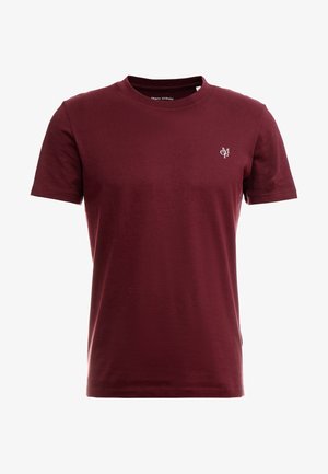 Burgunderfarbenes T-Shirt mit kurzen Ärmeln aus weichem Stoff, mit Rundhalsausschnitt und kleinem Logo auf der linken Brustseite.