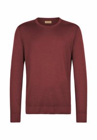 Burgundowy sweter wykonany z miękkiego materiału, z okrągłym dekoltem, długimi rękawami oraz ściągaczami przy mankietach i dolnej części. Gładka, jednolita faktura z minimalnymi detalami.