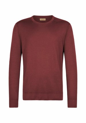 Burgunderroter Pullover aus weichem Stoff, mit Rundhalsausschnitt, langen Ärmeln sowie gerippten Bündchen und Saum. Glatte, gleichmäßige Textur mit minimalen Details.