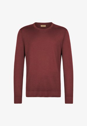 Burgunderroter Pullover aus weichem Stoff, mit Rundhalsausschnitt, langen Ärmeln sowie gerippten Bündchen und Saum. Glatte, gleichmäßige Textur mit minimalen Details.