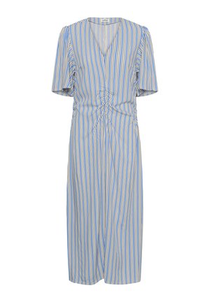 Kék, bézs és fehér függőleges csíkos midi ruha, rövid ujjú, V-nyakkivágású, derékrészen gyűrt fodros részlettel.