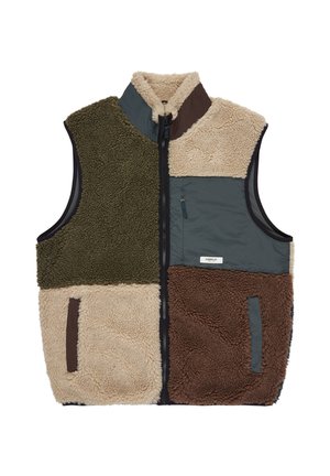 Gilet in fleece con colletto alto, caratterizzato da pannelli verdi, beige, grigi e marroni. Tasca con zip sulla parte anteriore, tessuto testurizzato in tutto.