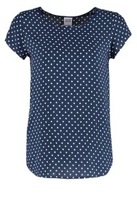 Navyblaues Kurzarmoberteil mit Rundhalsausschnitt und weißen Punkten. Glattes Material mit lockerer Passform und abgerundetem Saum.