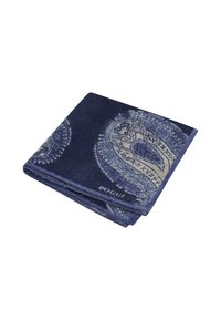 Tamsiai mėlynas raštuotas šalikas su sudėtingais šviesiai mėlynais dizainais, glotnus paviršius, tvarkingai sulankstytas, kampelyje su prekės ženklu "Boggi".