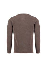 Maglione marrone a maniche lunghe, texture lavorata a maglia, scollatura a girocollo, maniche raglan, design semplice senza motivi o accenti visibili.