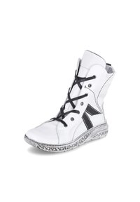 Witte hoge sneaker met zwarte veters, voorzien van een zwarte accenten aan de zijkant, een gestructureerde bovenkant en een doorzichtige rubberen zool met een patroonrand.