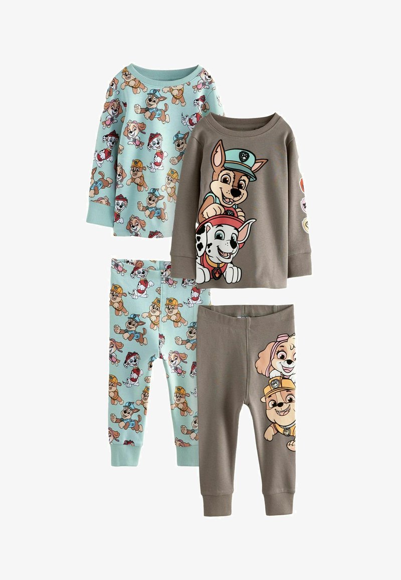 Due set di pigiami per bambini; uno con una maglietta azzurro chiaro e pantaloni con fantasie di cuccioli, l'altro in grigio con grandi stampe di personaggi.
