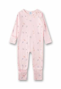 Rosa Baby-Overall aus weichem Stoff. Mit langen Ärmeln, Fußteil und einem Blumenmuster mit Blättern in Orange, Lila und Grün.
