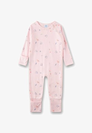 Rompers per neonati rosa realizzati in morbido tessuto. Presenta maniche lunghe, design con piedi e un motivo floreale con foglie in arancione, viola e verde.