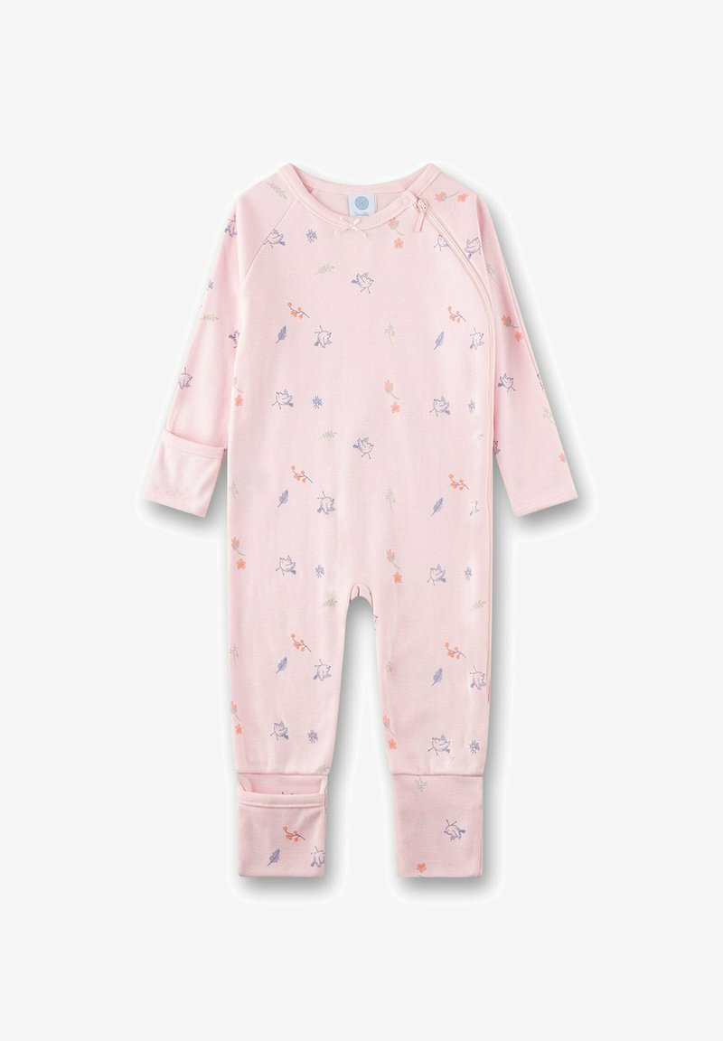 Rompers per neonati rosa realizzati in morbido tessuto. Presenta maniche lunghe, design con piedi e un motivo floreale con foglie in arancione, viola e verde.