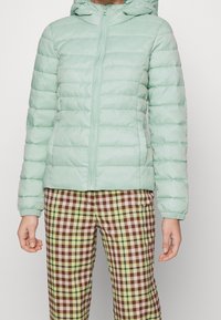 Light mint green puffer jacket with horizontal quilted design, zip closure, and hood. Paired with checkered brown and green plaid pants.
