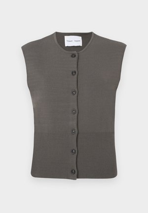 Sleeveless gray cardigan with a ribbed hem and button closure. Made from knit material, featuring a round neckline and smooth texture.