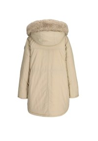 Beżowa kurtka puchowa z kapturem wykończonym futrem, o gładkiej fakturze, długich rękawach i lekko zaokrąglonym dole. Widok z tyłu.