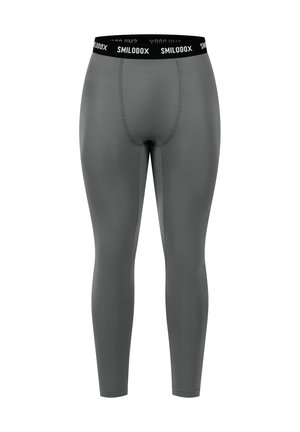 Graue, hüftlange Kompressionsleggings für Herren mit elastischem, schwarzem Bund, der das weiße "SMILODOX"-Logo zeigt.