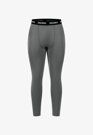 Graue, hüftlange Kompressionsleggings für Herren mit elastischem, schwarzem Bund, der das weiße "SMILODOX"-Logo zeigt.