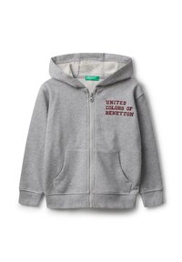 Felpa con cappuccio zip grigia chiara, con tasche frontali e il testo "United Colors of Benetton" in rosso sul petto sinistro.
