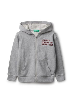 Helles graues Zip-Hoodie mit Fronttaschen und dem Schriftzug "United Colors of Benetton" in Rot auf der linken Brust.