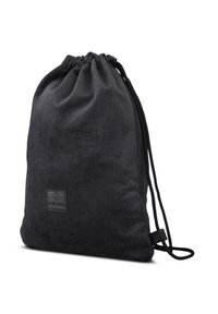 Black corduroy drawstring bag with ribbed texture and a branded patch on the front. Features contrasting black drawstrings for closure.