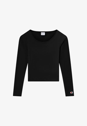 Black long-sleeve cropped shirt with round neckline, Champion logo on left sleeve cuff, and size label inside collar.