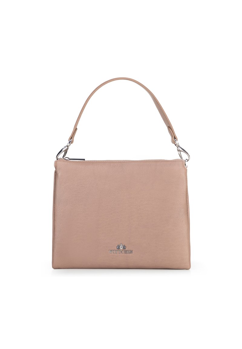 Borsa a mano in pelle beige con un'unica maniglia curva, zip argentata e piccolo logo metallico Wittchen al centro in basso.
