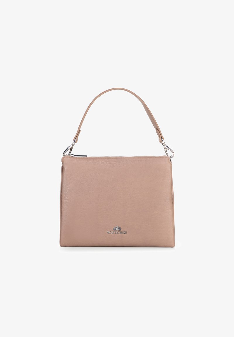 Beige leren handtas met een enkele gebogen handgreep, zilveren rits en klein metallic Wittchen-logo onderaan in het midden.