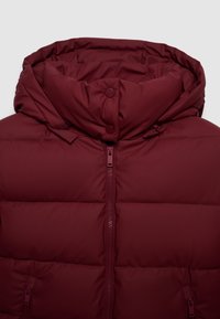 Giacca imbottita bordeaux con colletto alto, patta con bottoni a scatto e chiusura frontale a zip completa, su uno sfondo semplice.