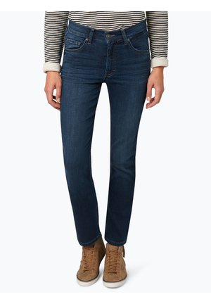 Dark blue denim jeans with a slim fit, five pockets, and a button closure. Paired with beige high-top sneakers and a striped long-sleeve shirt.