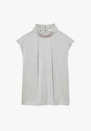 Helehall lühikeste varrukatega pluus drapeeritud kaelusega, volditud esiküljega ja nööpiga taga. Sile kangas pehme läikega.