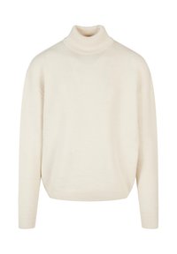 Maglione a dolcevita in crema realizzato in morbido tessuto a maglia. Presenta una vestibilità ampia, polsini a costine e una sottile texture su tutta la superficie.