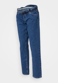 Blå denimjeans med avslappnad passform, som har en elastisk midja och traditionell femfickdesign. Slät textur med synliga sömmar.