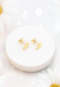 Orecchini a bottone in oro a forma di foglia con un piccolo dettaglio accentato. Presentano una texture liscia e sono posizionati su un supporto rotondo di colore bianco.