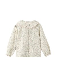 Blusa leggermente strutturata, con un motivo floreale pallido, colletto arrotondato, chiusura a bottone e polsini elastici. Decorata con un delicato bordo.