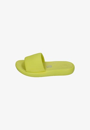 Yellow slide sandal with a wide strap, rounded shape, smooth texture, and cushioned footbed. Sole features a slight raised pattern for grip.