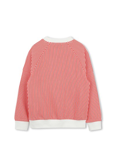 Sweatshirt a righe rosse e bianche con polsini e scollatura a costine, caratterizzato da una vestibilità comoda e maniche raglan. Vista posteriore.