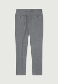 Pantaloni a quadri in bianco e nero, vestibilità sartoriale, con una texture liscia. Presentano due tasche posteriori e una chiusura con zip.