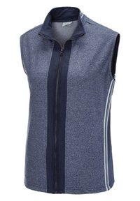 Ärmellose, mit Reißverschluss versehene Weste aus heathered blauer Stoff, mit dunkelblauen vertikalen Streifen und weißen Seitenelementen. Strukturierter Kragen und glatte Textur.