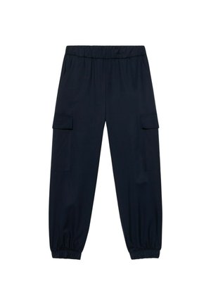 Pantaloni cargo blu navy con vita elastica, polsini a gamba affusolata e due tasche laterali. Realizzati in materiale morbido e leggero.