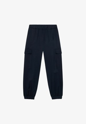Pantaloni cargo blu navy con vita elastica, polsini a gamba affusolata e due tasche laterali. Realizzati in materiale morbido e leggero.