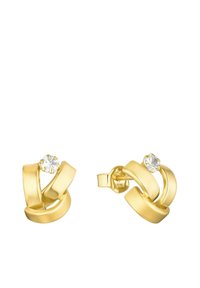 Orecchini a perno in oro con anello attorcigliato, ognuno impreziosito da un piccolo gemma rotonda trasparente nella parte superiore, mostrati su uno sfondo bianco.