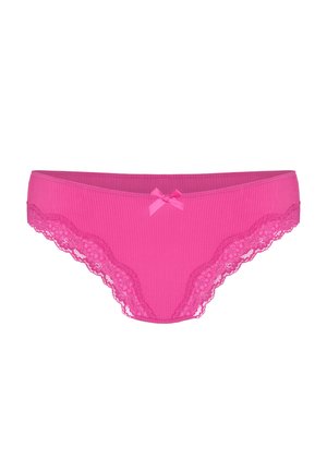 Roze geribbelde damesonderbroek met kantafwerking langs de randen en een klein decoratief strikje in het midden van de voorste tailleband.