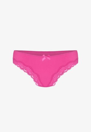 Rosa gerippte Damenunterwäsche mit Spitzenbesatz entlang der Ränder und einer kleinen dekorativen Schleife am vorderen Bund in der Mitte.