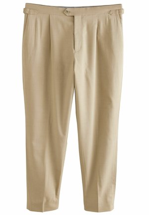 Beige tailored trousers made of lightweight fabric, featuring front pleats, a flat waistband, and a single button closure.