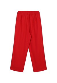 Rote, weite Hose mit elastischem Bund. Glatte Textur, keine sichtbaren Muster oder Akzente. Lässiges Design, geeignet für verschiedene Aktivitäten.