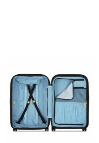 Valise rigide avec un extérieur noir, dotée d'un intérieur rayé bleu, de sangles ajustables et de poches intérieures pour un rangement organisé.