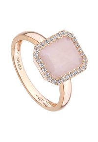 Roosa kuldne sõrmus, mille keskel on ruudukujuline heleda roosa värvi vääriskivi, mida ümbritsevad selged kuupereakoonid. Sujuv bänd läikiva viimistlusega.