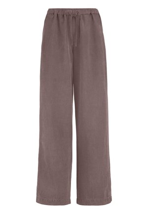 Losse, wijde bruine broek met elastische tailleband en vooraan koord, gemaakt van lichtgewicht stof geschikt voor casual gebruik.